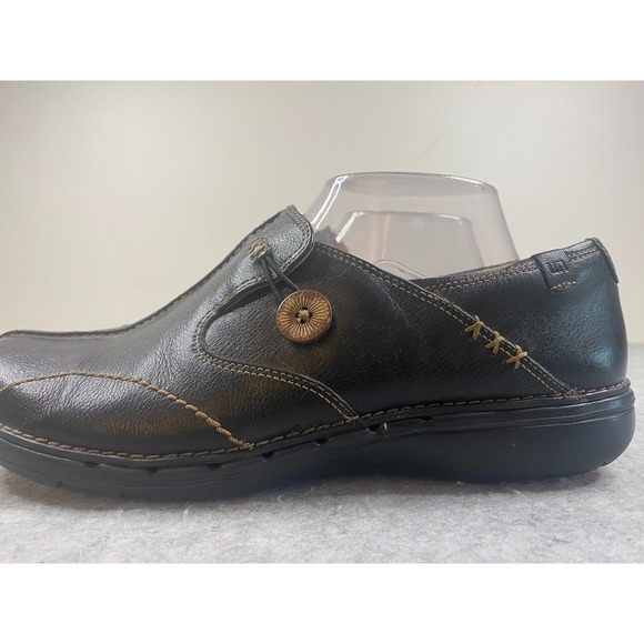 Clarks Unstructured Black/Dark Brown Leather Button Slip On Loafers Womens 9W - Picture 5 of 9